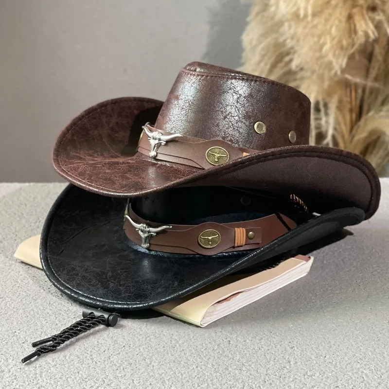 Kunstleder Western Cowboy Hut für Damen & Herren – Vintage Gentleman Dress Hat, Panama Cowgirl Jazz Cap, Klassischer Sombrero